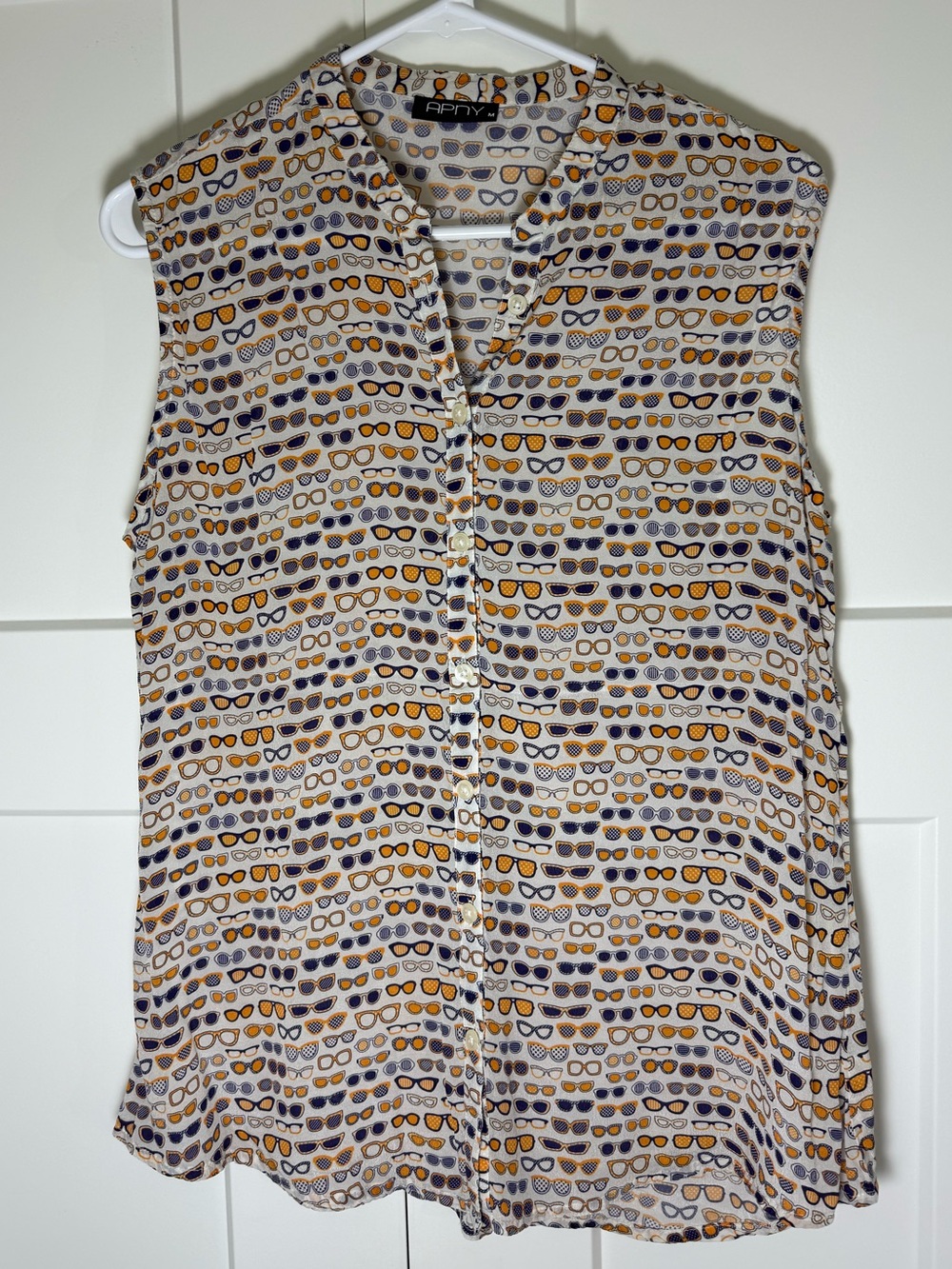 APNY Sleeveless Button-Front Sunglasses Print Blouse - White/Yellow/Navy